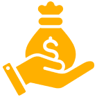 Hand holding money bag icon.