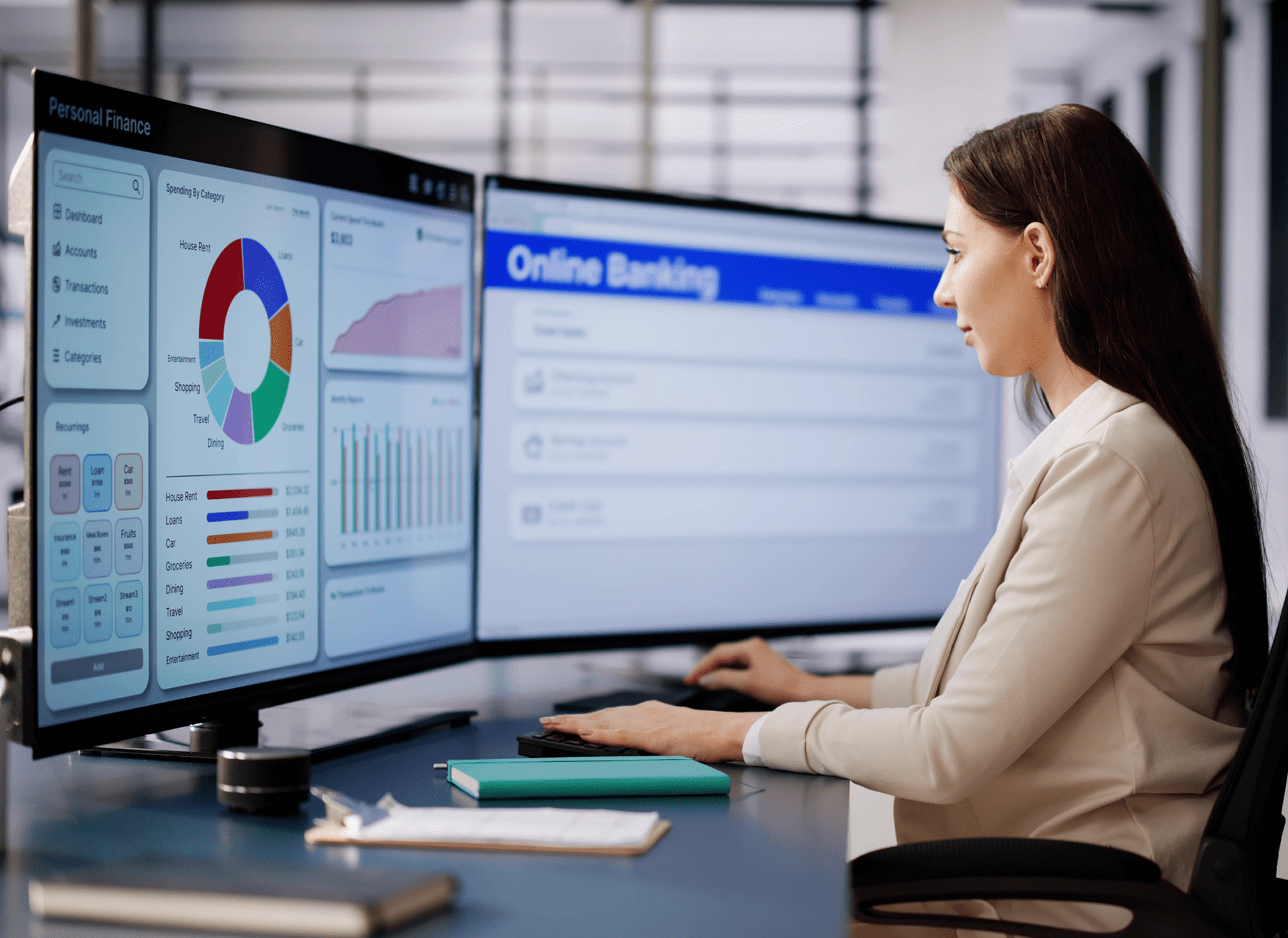 Woman analyzing financial data on computer screens.