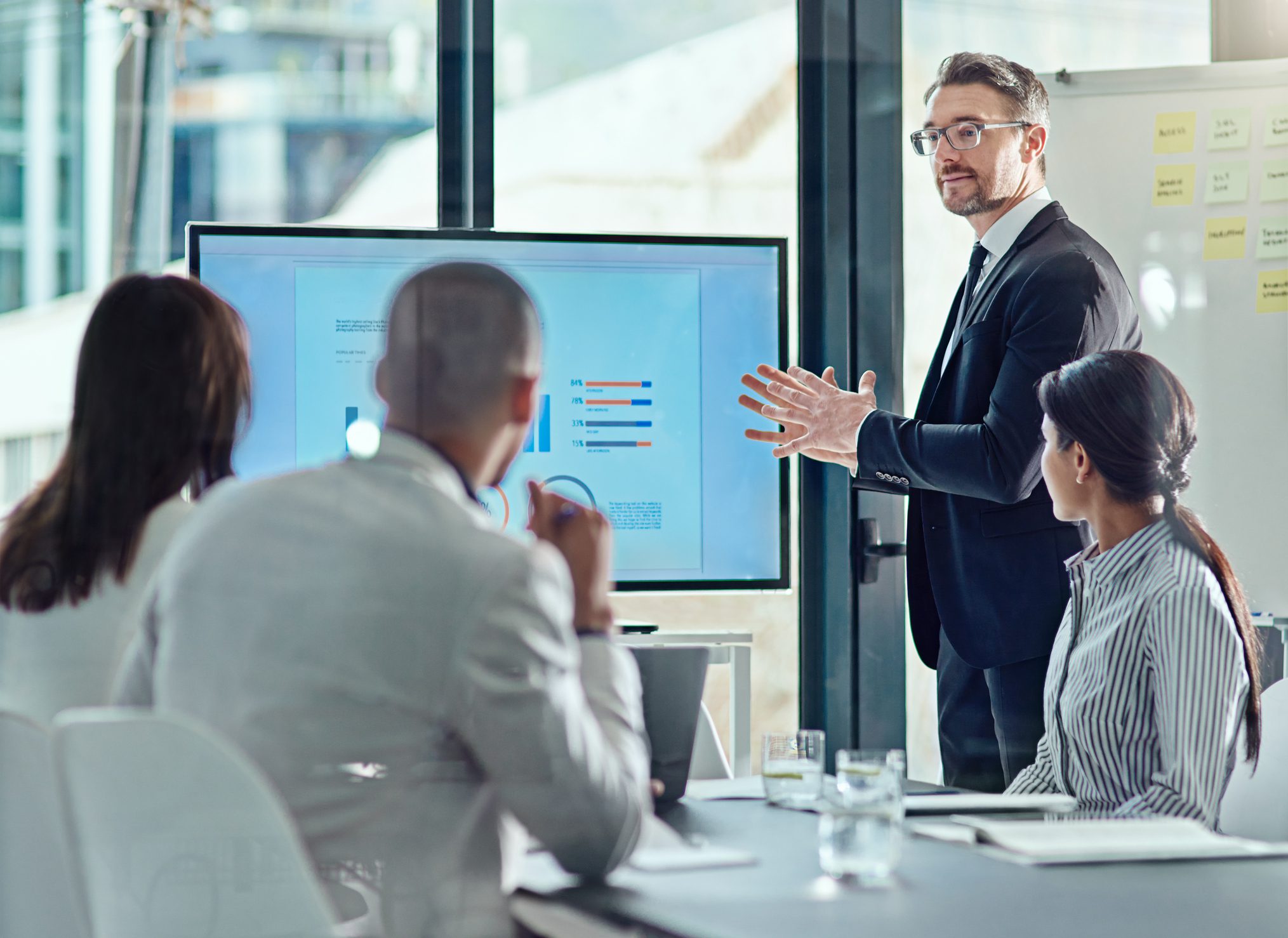 Business presentation with colleagues in a meeting.