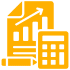 Graph, calculator, pencil icon on black background.