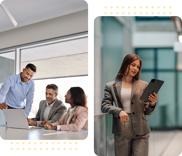Office meeting and woman using tablet.